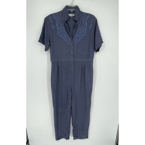 Styleworks Vintage Women's Blue Embroidered Button Front Jumpsuit Size 12
